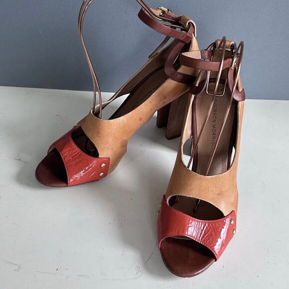 Sigerson Morrison heels size 9 colorblock orange wood Scandinavian studded MCM - Picture 3 of 12